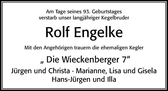 Traueranzeige von Rolf Engelke von Cellesche Zeitung