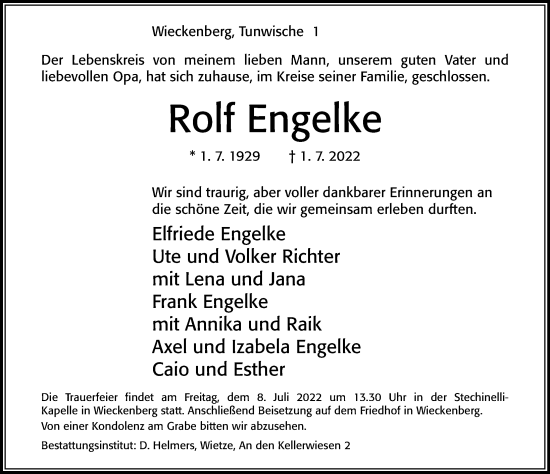 Traueranzeige von Rolf Engelke von Cellesche Zeitung