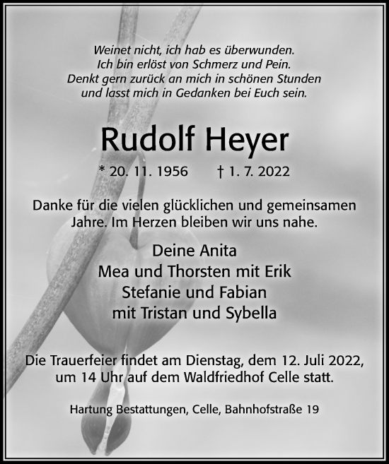 Traueranzeige von Rudolf Heyer von Cellesche Zeitung