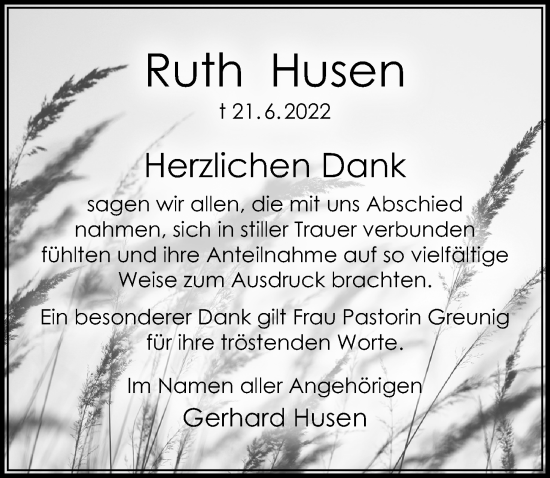 Traueranzeige von Ruth Husen von Cellesche Zeitung