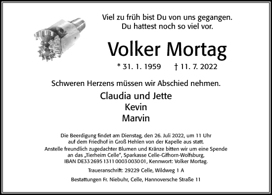 Traueranzeige von Volker Mortag von Cellesche Zeitung