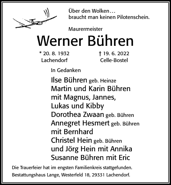 Traueranzeige von Werner Bühren von Cellesche Zeitung