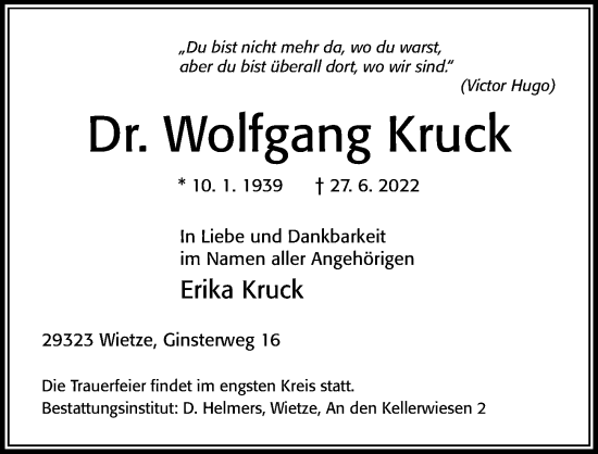 Traueranzeige von Wolfgang Kruck von Cellesche Zeitung