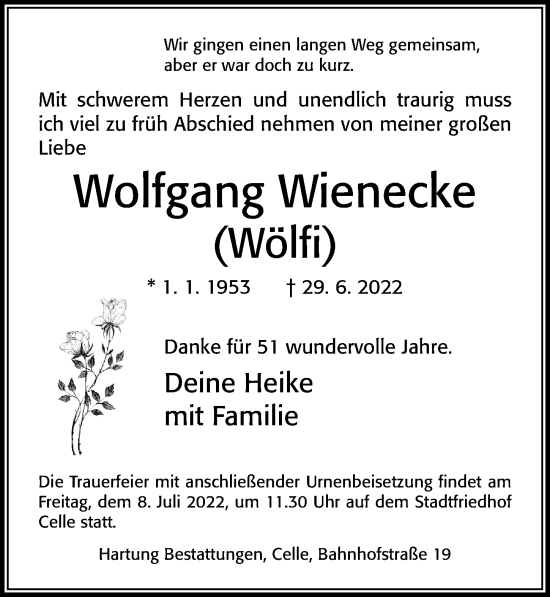 Traueranzeige von Wolfgang Wienecke von Cellesche Zeitung