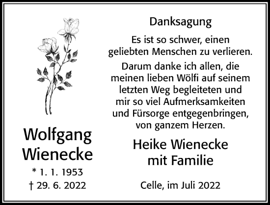 Traueranzeige von Wolfgang Wienecke von Cellesche Zeitung