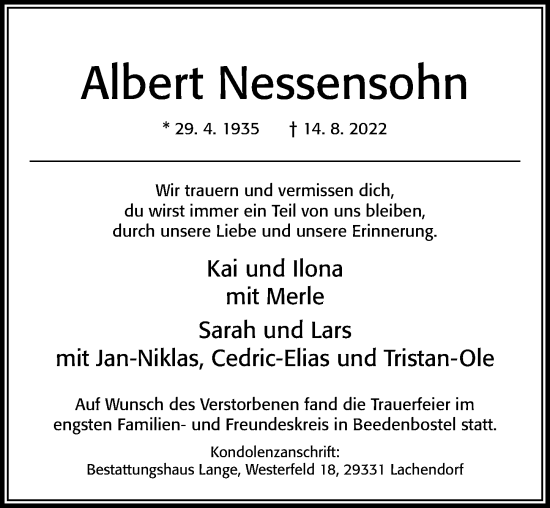 Traueranzeige von Albert Nessensohn von Cellesche Zeitung