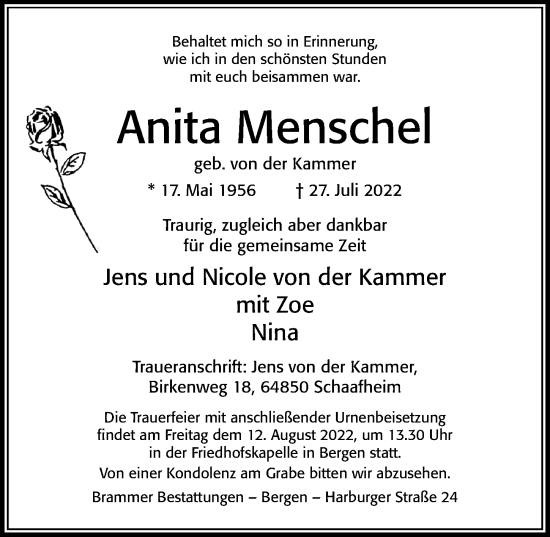 Traueranzeige von Anita Menschel von Cellesche Zeitung