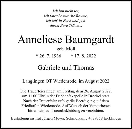 Traueranzeige von Anneliese Baumgardt von Cellesche Zeitung