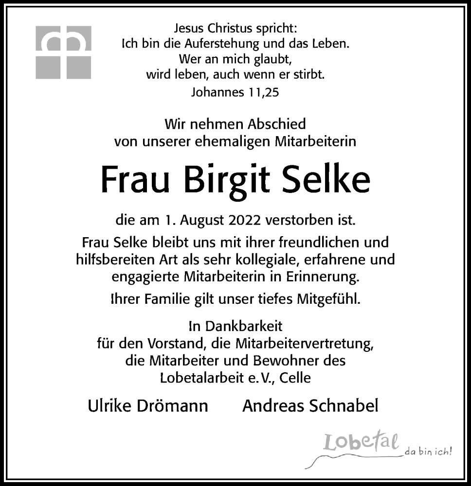  Traueranzeige für Birgit Selke vom 13.08.2022 aus Cellesche Zeitung