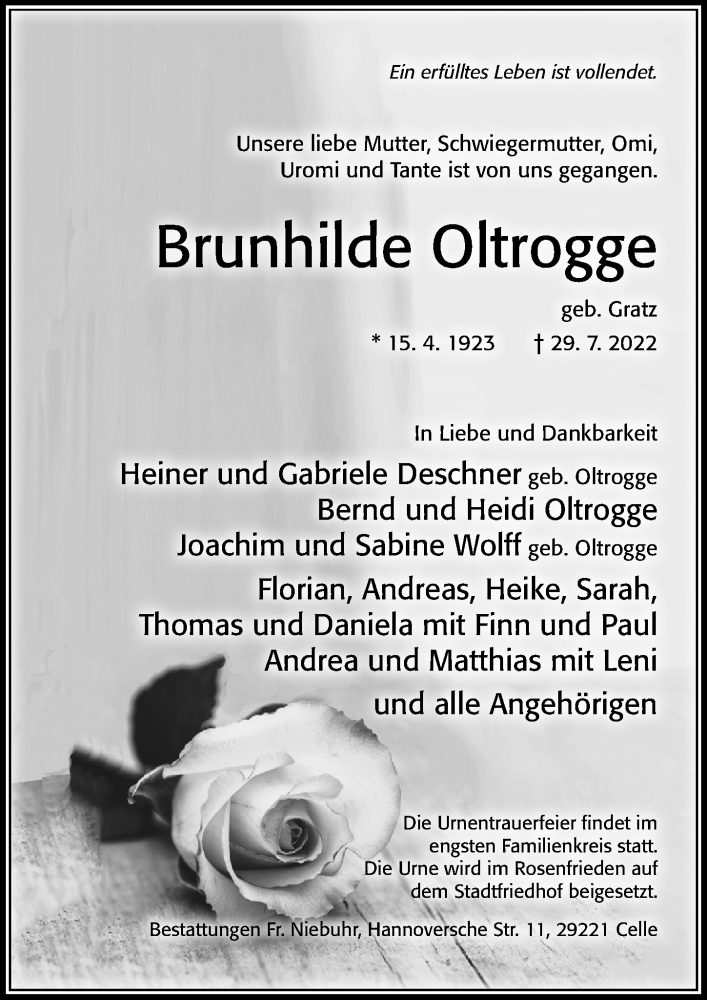  Traueranzeige für Brunhilde Oltrogge vom 06.08.2022 aus Cellesche Zeitung