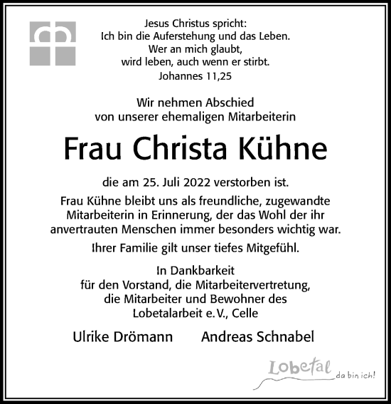 Traueranzeige von Christa Kühne von Cellesche Zeitung