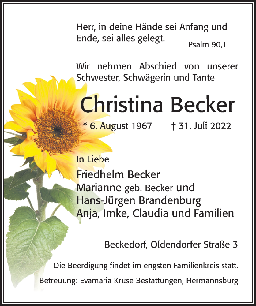  Traueranzeige für Christina Becker vom 06.08.2022 aus Cellesche Zeitung