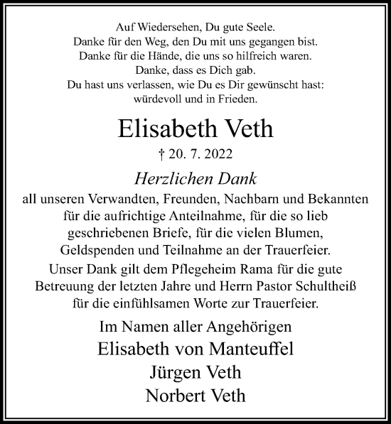 Traueranzeige von Elisabeth Veth von Cellesche Zeitung