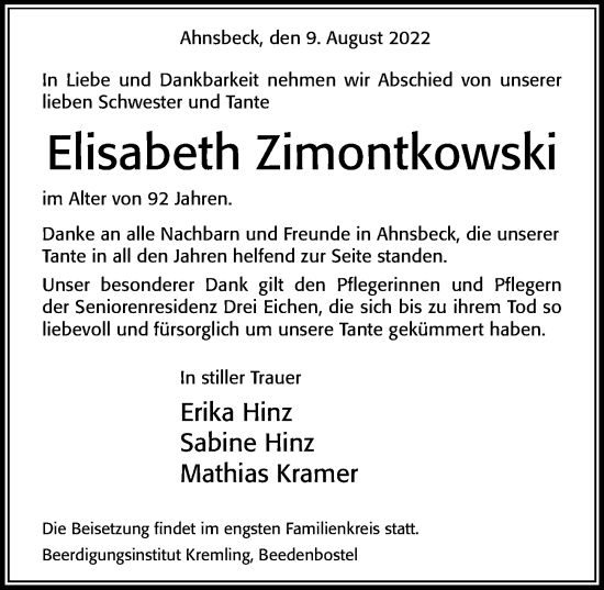Traueranzeige von Elisabeth Zimontkowski von Cellesche Zeitung
