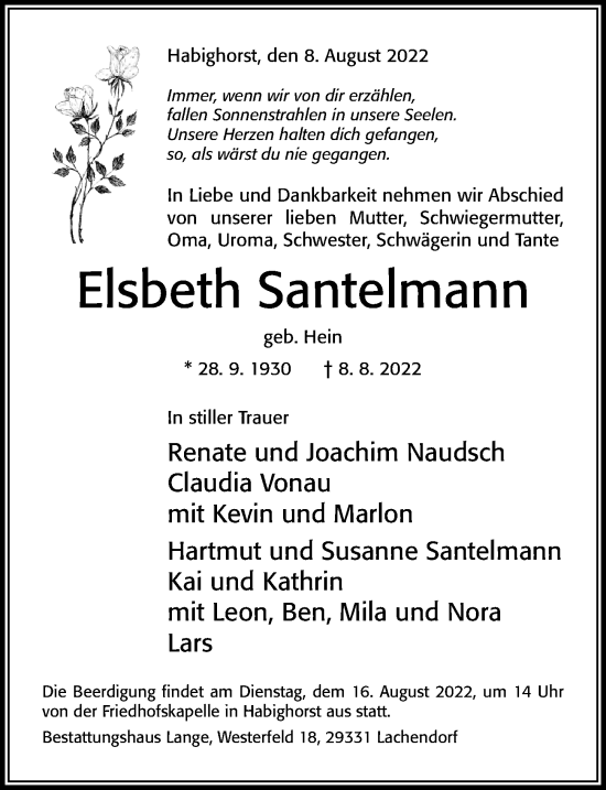 Traueranzeige von Elsbeth Santelmann von Cellesche Zeitung