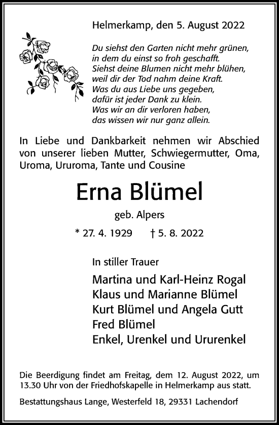 Traueranzeige von Erna Blümel von Cellesche Zeitung