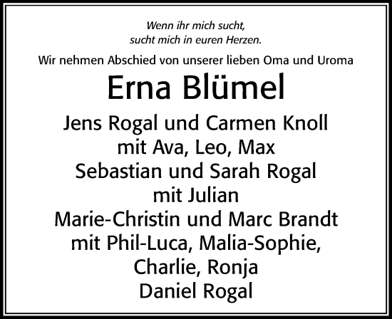 Traueranzeige von Erna Blümel von Cellesche Zeitung