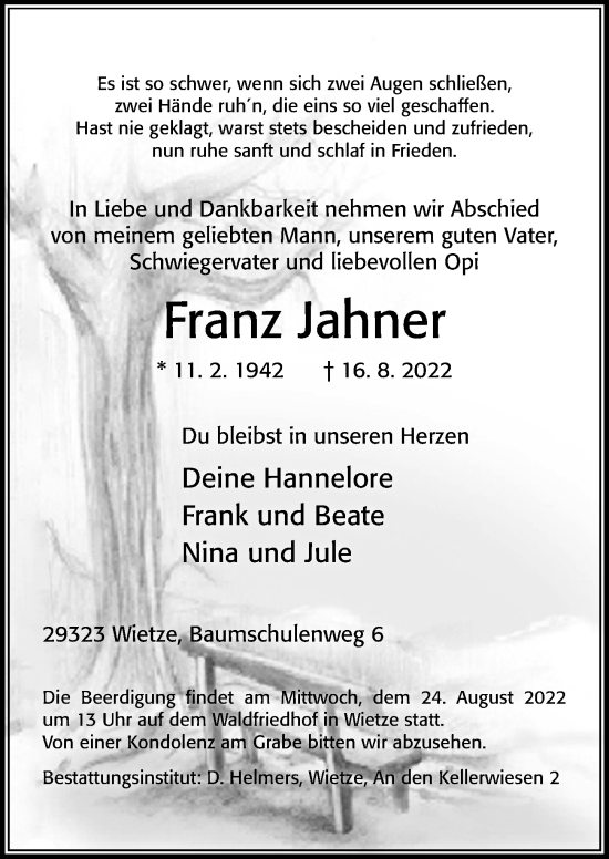 Traueranzeige von Franz Jahner von Cellesche Zeitung