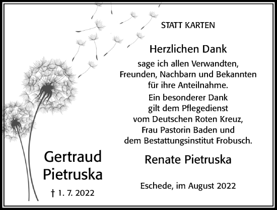 Traueranzeige von Gertraud Pietruska von Cellesche Zeitung