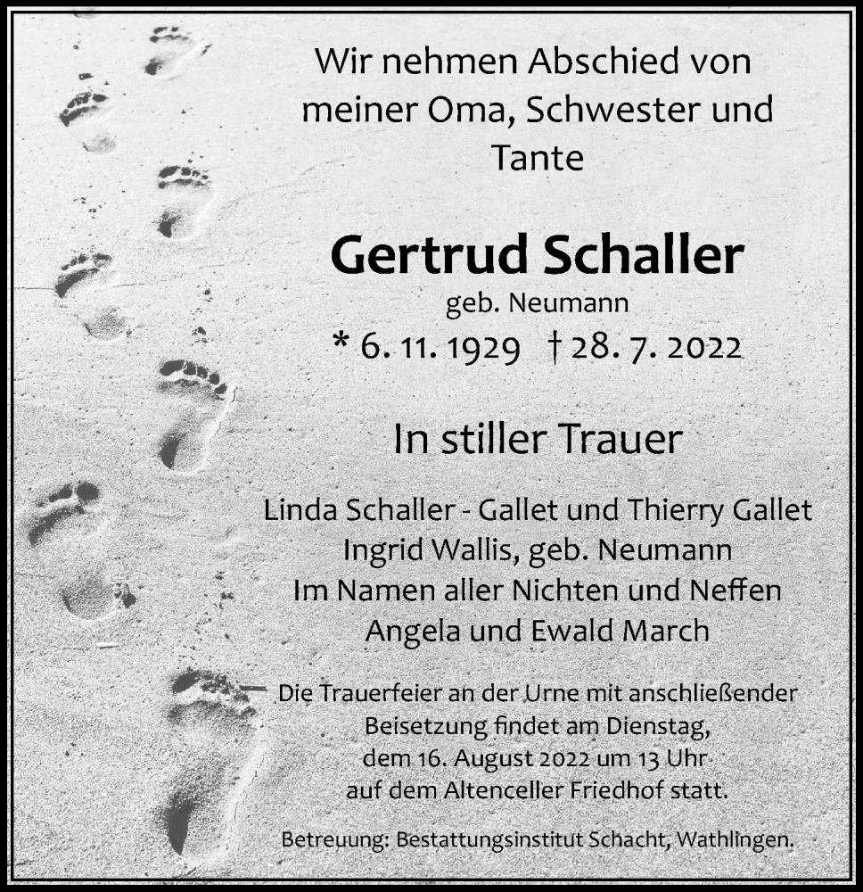  Traueranzeige für Gertrud Schaller vom 06.08.2022 aus Cellesche Zeitung