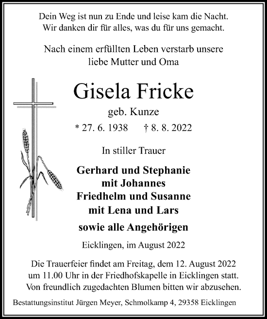 Traueranzeige von Gisela Fricke von Cellesche Zeitung