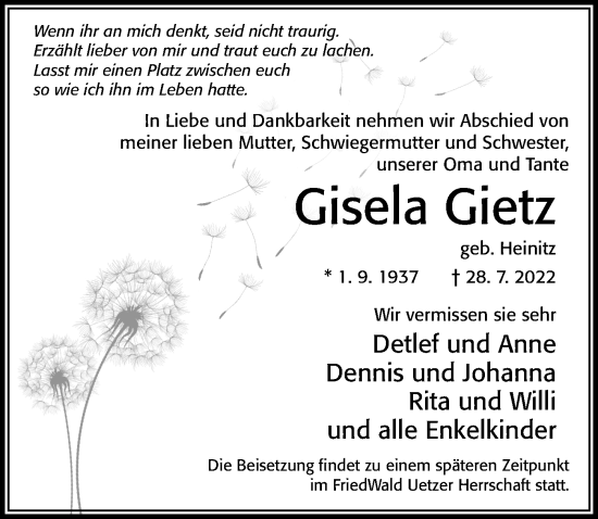 Traueranzeige von Gisela Gietz von Cellesche Zeitung