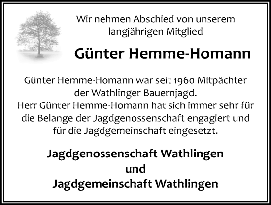 Traueranzeige von Günter Hemme-Homann von Cellesche Zeitung