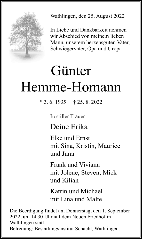 Traueranzeige von Günter Hemme-Homann von Cellesche Zeitung