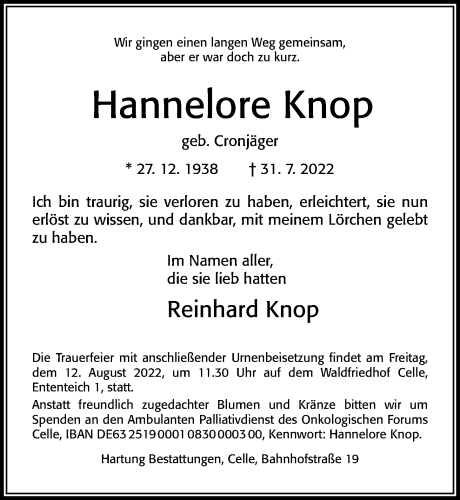  Traueranzeige für Hannelore Knop vom 06.08.2022 aus Cellesche Zeitung