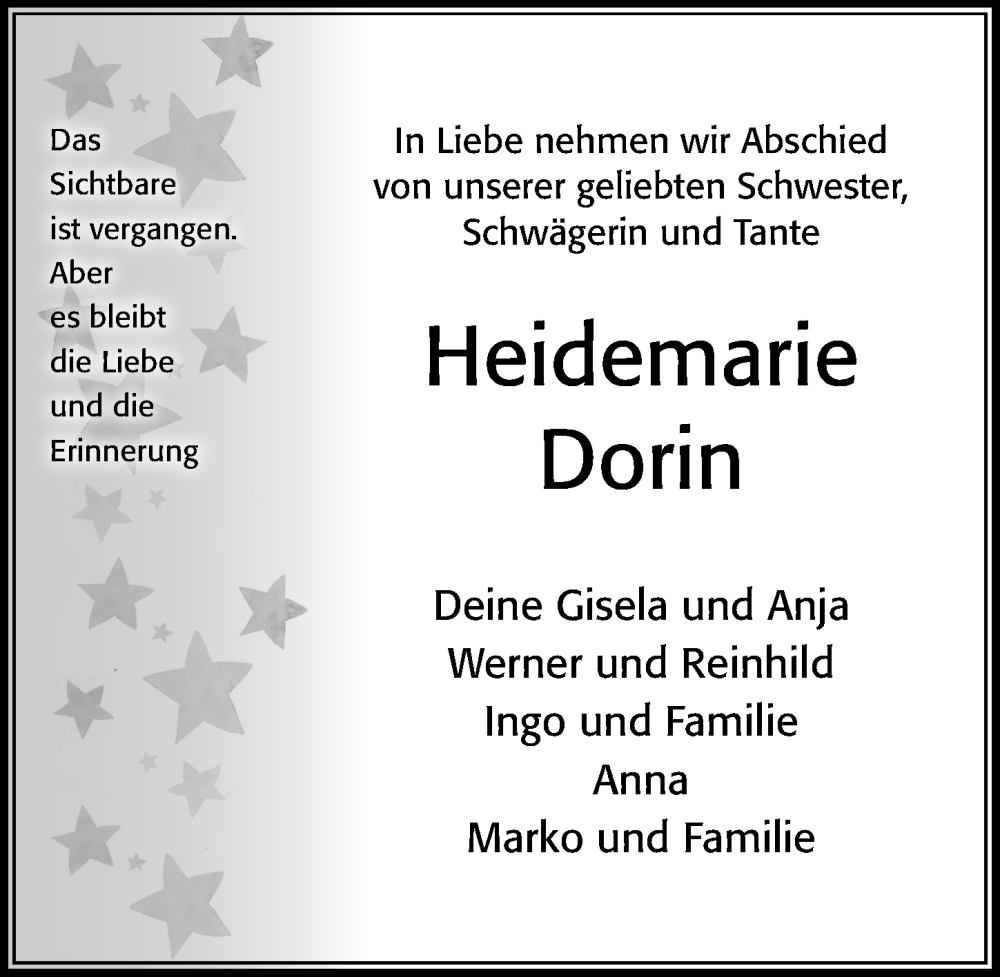  Traueranzeige für Heidemarie Dorin vom 06.08.2022 aus Cellesche Zeitung