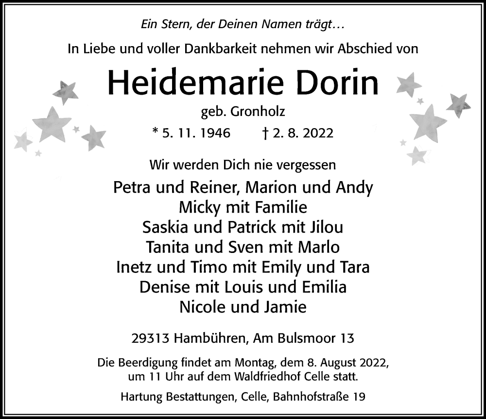  Traueranzeige für Heidemarie Dorin vom 06.08.2022 aus Cellesche Zeitung