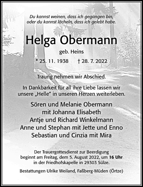 Traueranzeige von Helga Obermann von Cellesche Zeitung