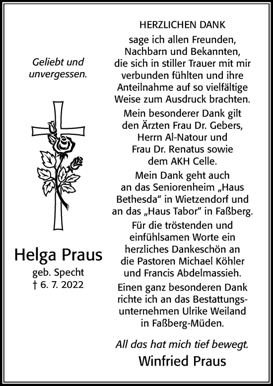 Traueranzeige von Helga Praus von Cellesche Zeitung