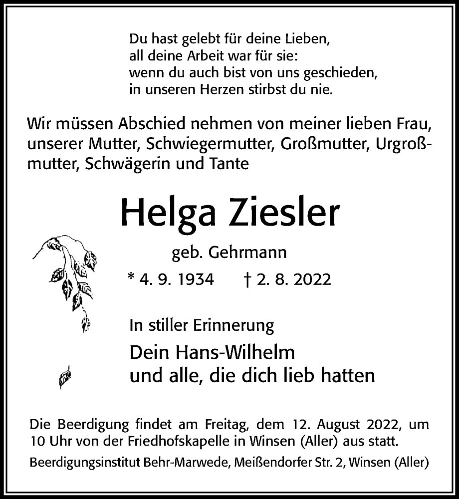  Traueranzeige für Helga Ziesler vom 06.08.2022 aus Cellesche Zeitung