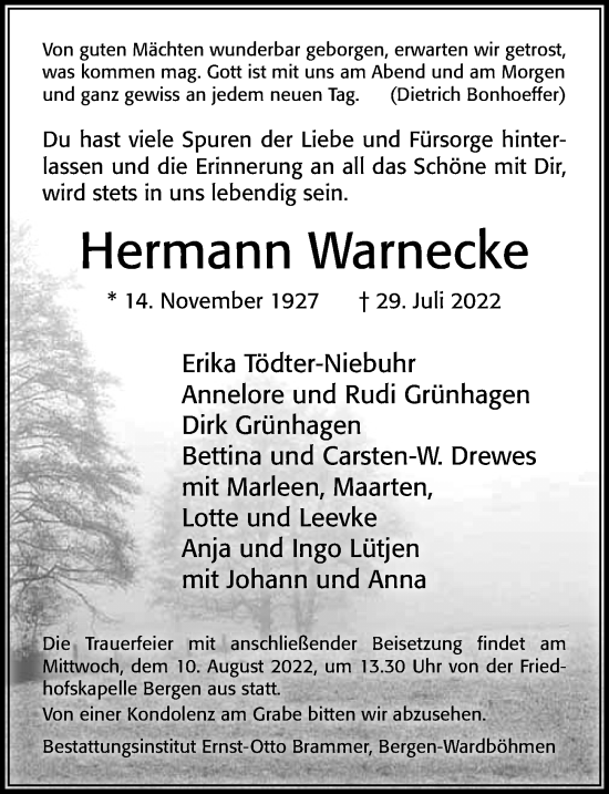Traueranzeige von Hermann Warnecke von Cellesche Zeitung