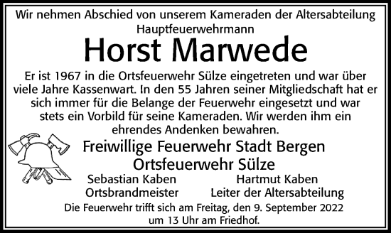 Traueranzeige von Horst Marwede von Cellesche Zeitung