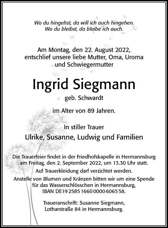 Traueranzeige von Ingrid Siegmann von Cellesche Zeitung