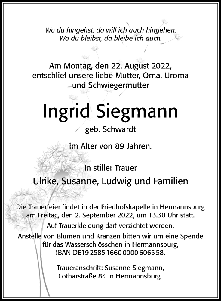  Traueranzeige für Ingrid Siegmann vom 26.08.2022 aus Cellesche Zeitung