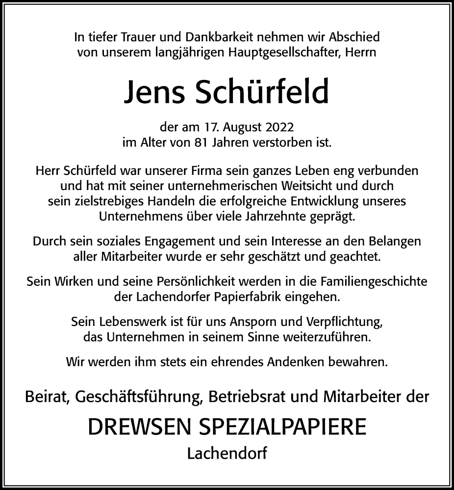  Traueranzeige für Jens Schürfeld vom 23.08.2022 aus Cellesche Zeitung