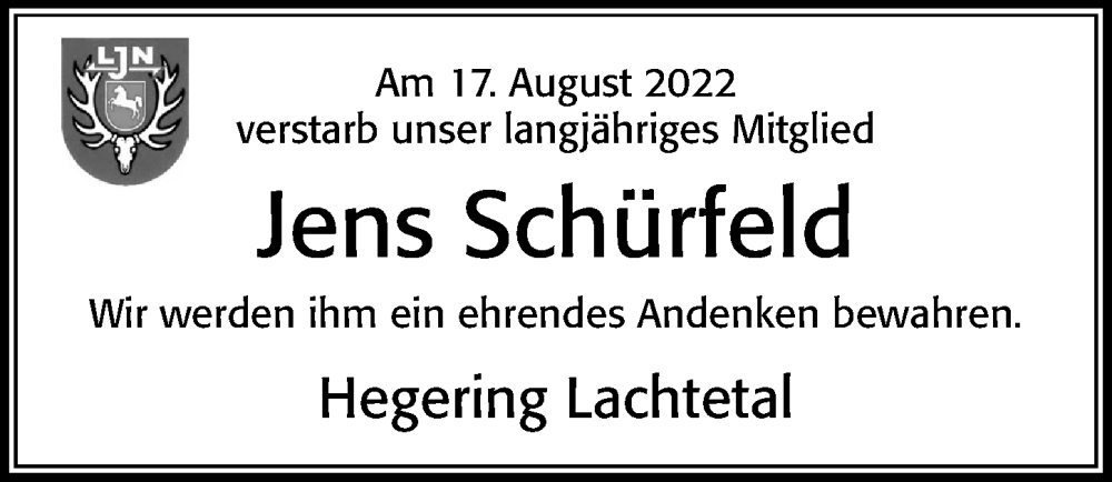  Traueranzeige für Jens Schürfeld vom 26.08.2022 aus Cellesche Zeitung