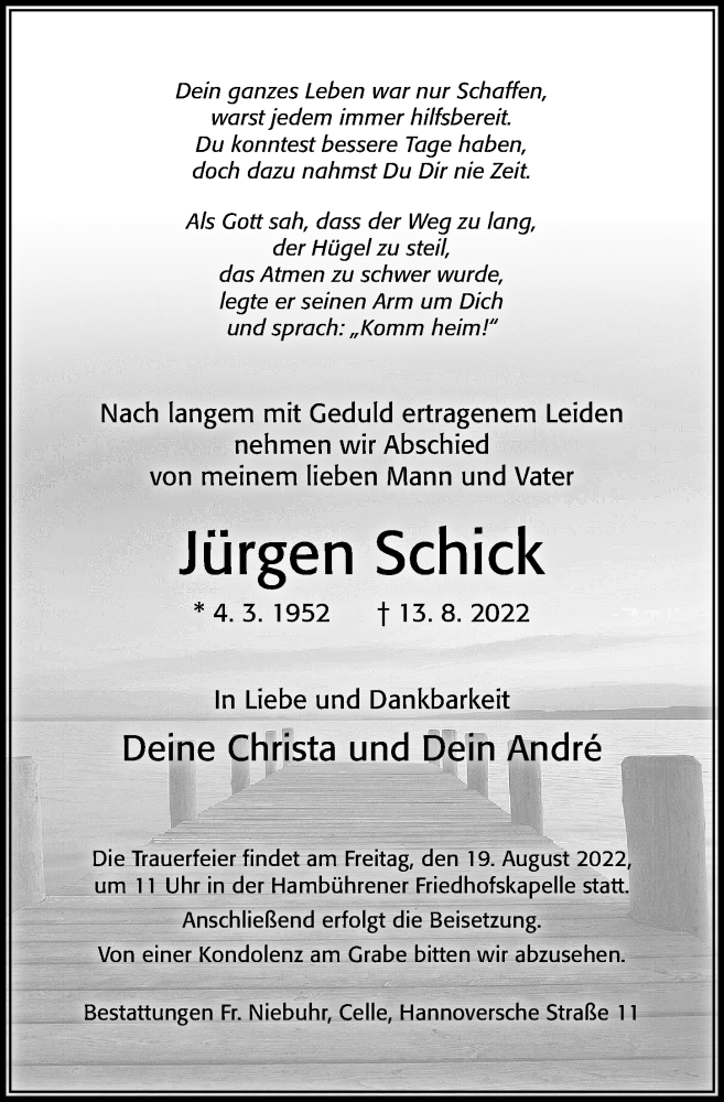  Traueranzeige für Jürgen Schick vom 17.08.2022 aus Cellesche Zeitung