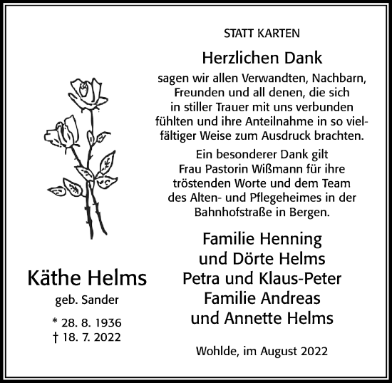 Traueranzeige von Käthe Helms von Cellesche Zeitung