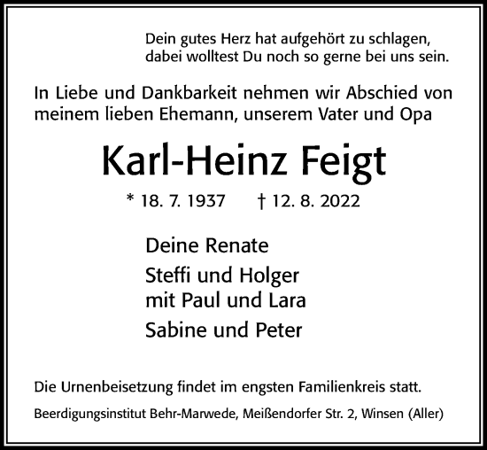 Traueranzeige von Karl-Heinz Felgt von Cellesche Zeitung