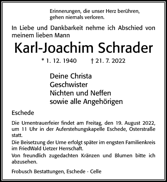 Traueranzeige von Karl-Joachim Schrader von Cellesche Zeitung