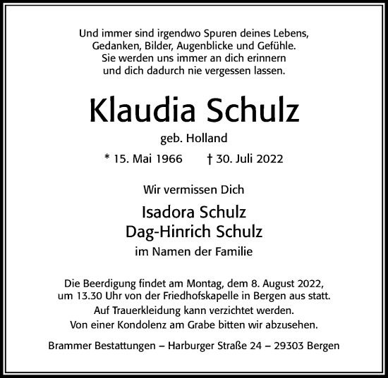 Traueranzeige von Klaudia Schulz von Cellesche Zeitung