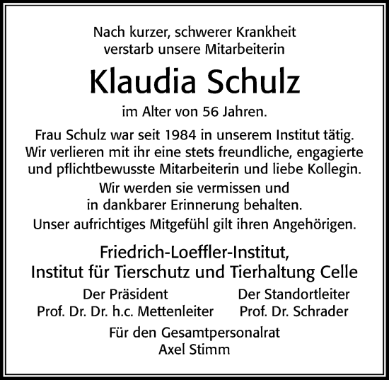 Traueranzeige von Klaudia Schulz von Cellesche Zeitung