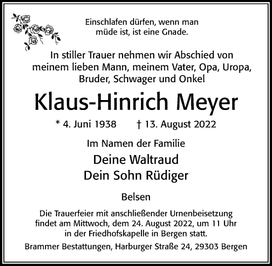 Traueranzeige von Klaus-Hinrich Meyer von Cellesche Zeitung