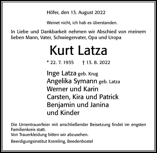 Traueranzeige von Kurt Latza von Cellesche Zeitung