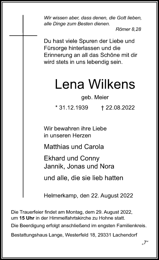 Traueranzeige von Lena Wilkens von Cellesche Zeitung