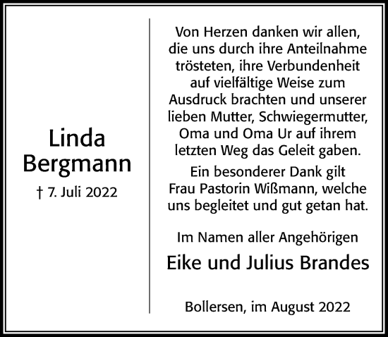 Traueranzeige von Linda Bergmann von Cellesche Zeitung